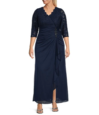 Alex Evenings Plus Size Lace Bodice Ruched Empire Waist Scallop Surplice V-Neck 3/4 Sleeve Gown