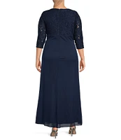 Alex Evenings Plus Size Lace Bodice Ruched Empire Waist Scallop Surplice V-Neck 3/4 Sleeve Gown