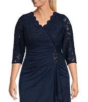 Alex Evenings Plus Size Lace Bodice Ruched Empire Waist Scallop Surplice V-Neck 3/4 Sleeve Gown