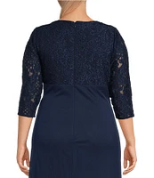 Alex Evenings Plus Size Lace Bodice Ruched Empire Waist Scallop Surplice V-Neck 3/4 Sleeve Gown