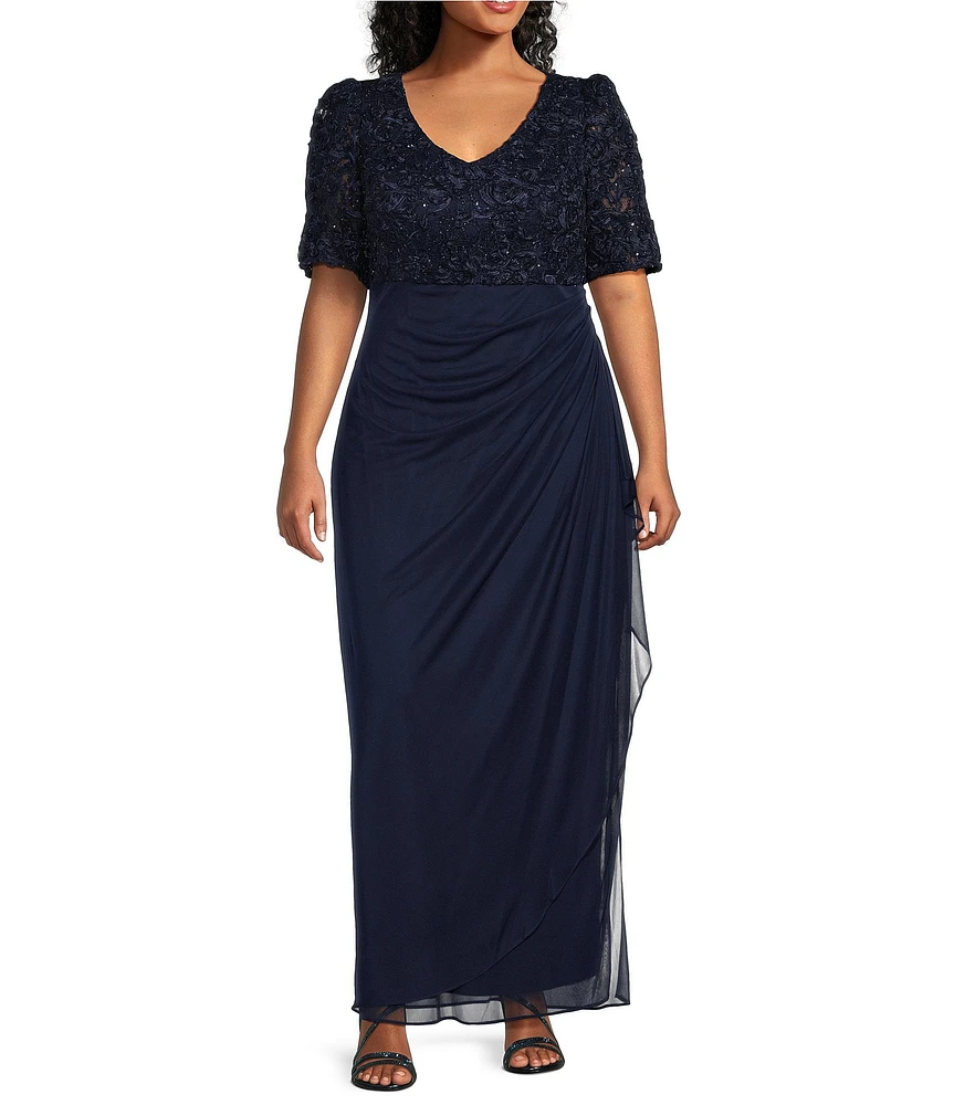 Alex Evenings Plus Size Lace Soutache Bodice V-Neck Short Sleeve Cascade Ruffle Empire Waist Dress