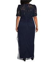 Alex Evenings Plus Size Lace Soutache Bodice V-Neck Short Sleeve Cascade Ruffle Empire Waist Dress