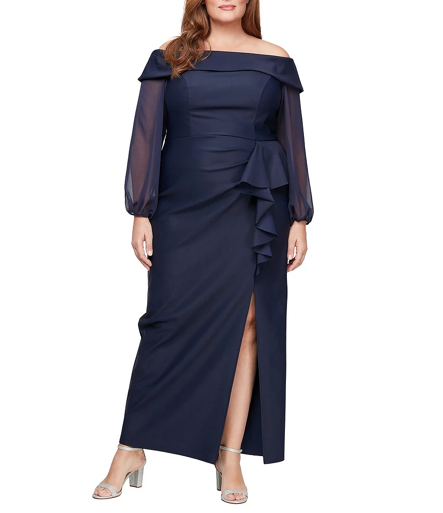 Alex Evenings Plus Size Long Illusion Sleeve Off-The-Shoulder Sheath Dress