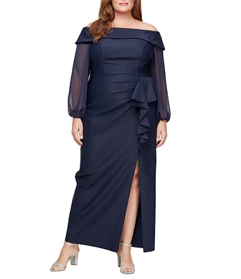 Alex Evenings Plus Size Long Illusion Sleeve Off-The-Shoulder Sheath Dress
