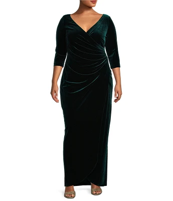 Alex Evenings Plus Size Long Sleeve V-Neck Tulip Hem Velvet Dress