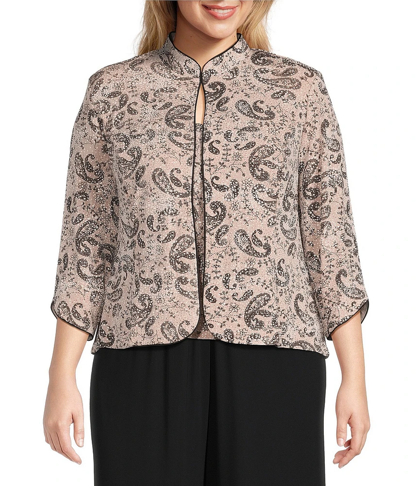 Alex Evenings Plus Size Mandarin Neck 3/4 Sleeve Glitter Paisley Twinset