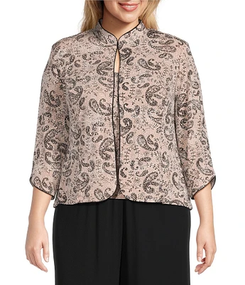 Alex Evenings Plus Size Mandarin Neck 3/4 Sleeve Glitter Paisley Twinset