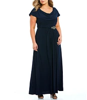 Alex Evenings Plus Size Matte Jersey Cowl Neck Cap Sleeve Pleated Embellished Side Detail Long Gown