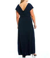 Alex Evenings Plus Size Matte Jersey Cowl Neck Cap Sleeve Pleated Embellished Side Detail Long Gown