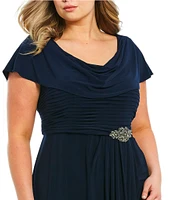 Alex Evenings Plus Size Matte Jersey Cowl Neck Cap Sleeve Pleated Embellished Side Detail Long Gown