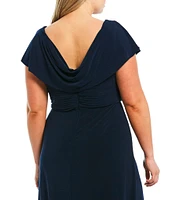 Alex Evenings Plus Size Matte Jersey Cowl Neck Cap Sleeve Pleated Embellished Side Detail Long Gown