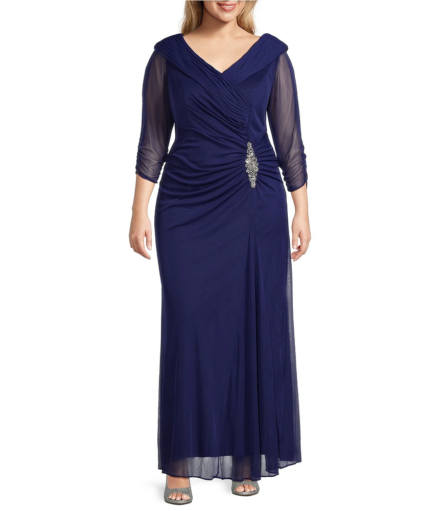 Alex Evenings Plus Size Mesh Portrait Collar V-Neck 3/4 Sleeve Ruched Dress