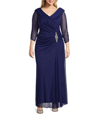 Alex Evenings Plus Size Mesh Portrait Collar V-Neck 3/4 Sleeve Ruched Dress