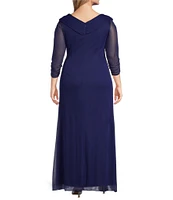 Alex Evenings Plus Size Mesh Portrait Collar V-Neck 3/4 Sleeve Ruched Dress
