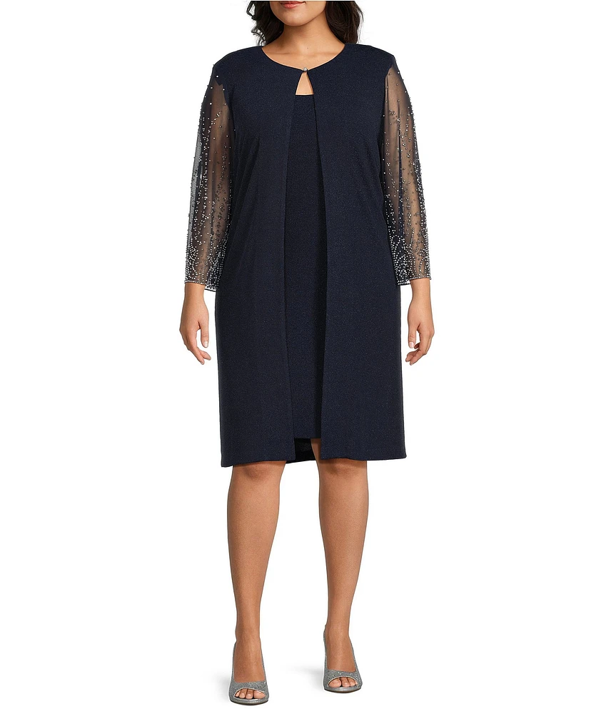 Alex Evenings Plus Size Metallic Knit Illusion Sleeve Jacket Dress
