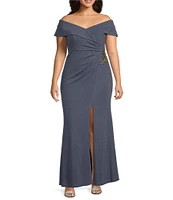 Alex Evenings Plus Size Metallic Knit Off-the-Shoulder Short Sleeve Embroidered Hip Detail Sheath Dress