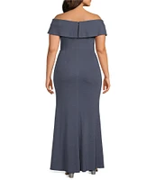 Alex Evenings Plus Size Metallic Knit Off-the-Shoulder Short Sleeve Embroidered Hip Detail Sheath Dress