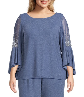Alex Evenings Plus Size Metallic Knit Pearl Trim Illusion Bell Sleeve Blouse