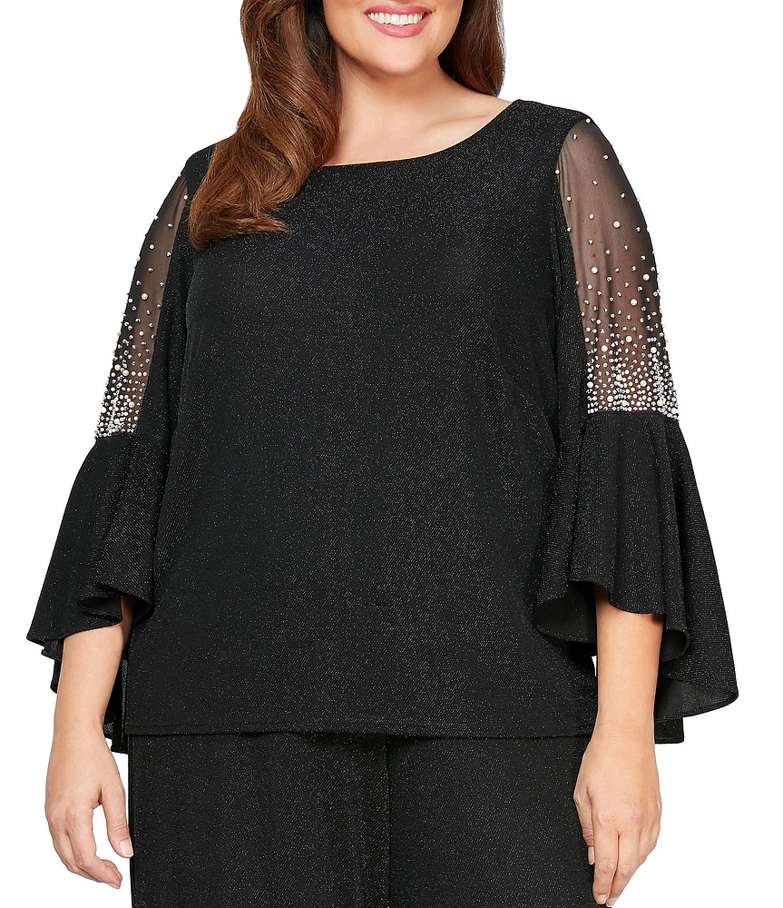 Alex Evenings Plus Size Metallic Knit Pearl Trim Illusion Bell Sleeve Blouse