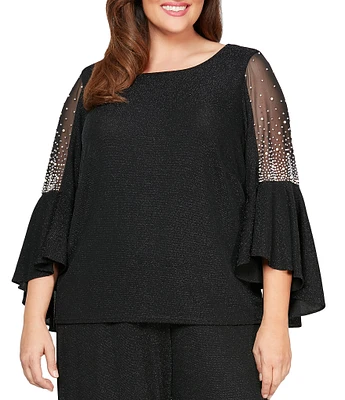 Alex Evenings Plus Size Metallic Knit Pearl Trim Illusion Bell Sleeve Blouse