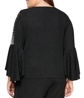 Alex Evenings Plus Size Metallic Knit Pearl Trim Illusion Bell Sleeve Blouse