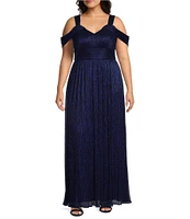 Alex Evenings Plus Size Metallic Knit V-Neck Sleeveless Cold Shoulder A-Line Dress