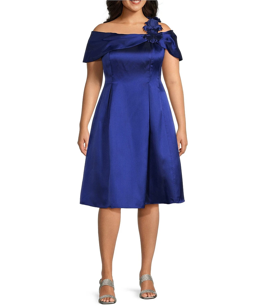 Alex Evenings Plus Size Mikado Off the Shoulder Short Sleeve 3D Floral Detail A Line Midi Dress