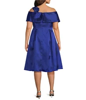 Alex Evenings Plus Size Mikado Off the Shoulder Short Sleeve 3D Floral Detail A Line Midi Dress