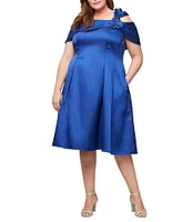 Alex Evenings Plus Size Mikado Off the Shoulder Short Sleeve 3D Floral Detail A Line Midi Dress