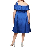 Alex Evenings Plus Size Mikado Off the Shoulder Short Sleeve 3D Floral Detail A Line Midi Dress