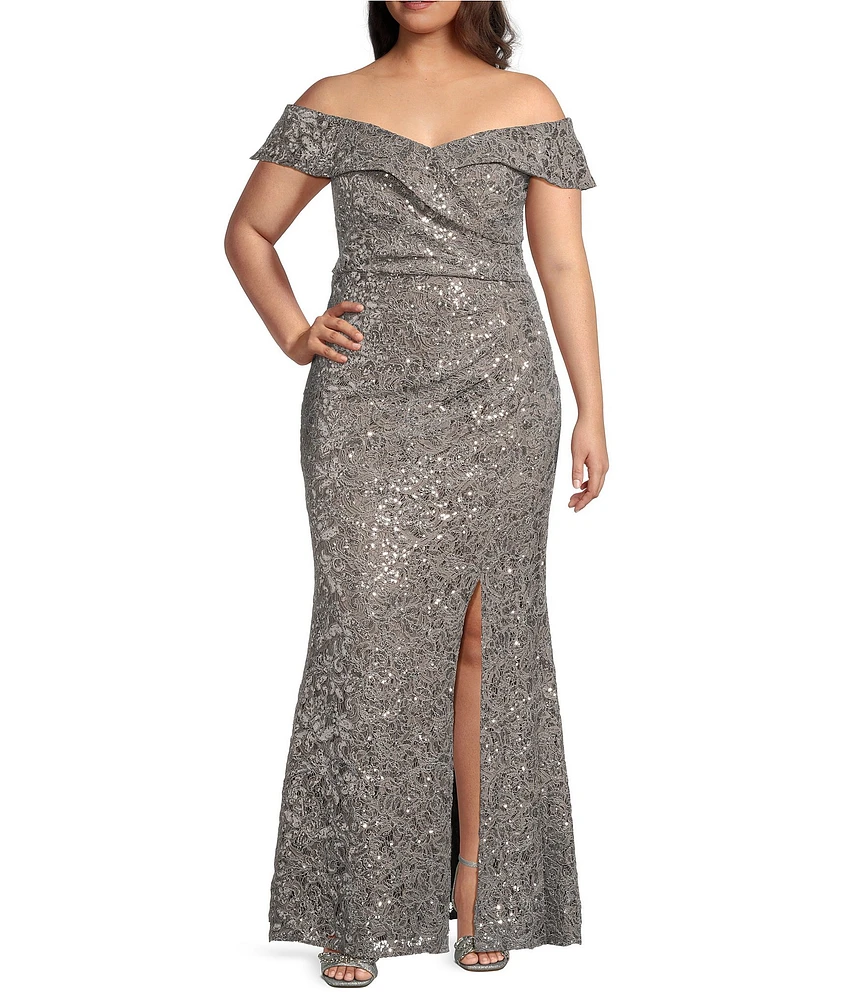 Alex Evenings Plus Size Off the Shoulder Short Sleeve Sequin Lace Gown