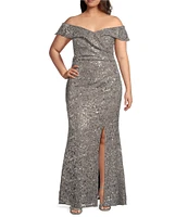 Alex Evenings Plus Size Off the Shoulder Short Sleeve Sequin Lace Gown