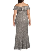 Alex Evenings Plus Size Off the Shoulder Short Sleeve Sequin Lace Gown