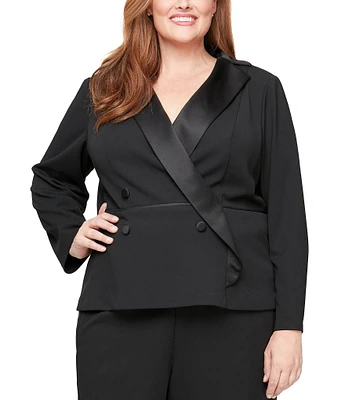 Alex Evenings Plus Size Satin Collar V-Neck Long Sleeve Crepe Tuxedo Blouse