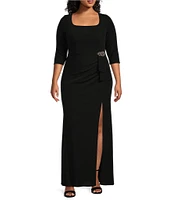 Alex Evenings Plus Size Scoop Neck 3/4 Sleeve Hip Embellishment Front Slit Sheath Dress