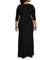 Alex Evenings Plus Size Scoop Neck 3/4 Sleeve Hip Embellishment Front Slit Sheath Dress