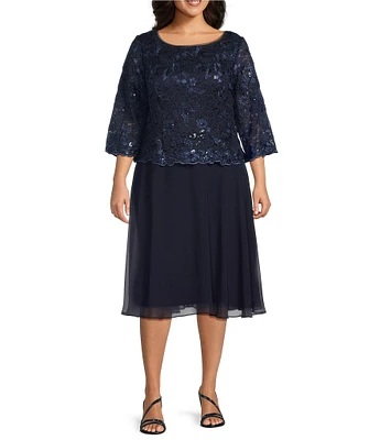 Alex Evenings Plus Size Scoop Neck 3/4 Sleeve Sequin Lace Bodice A Line Midi Dress