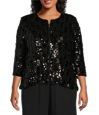 Alex Evenings Plus Size Scoop Neck Size 3/4 Sleeve High Low Peplum Hem Sequin Jacket