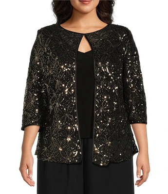 Alex Evenings Plus Size Sequin V-Neck 3/4 Sleeves Mock Twinset