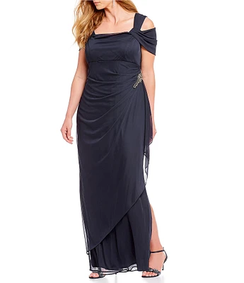 Alex Evenings Plus Size Short Sleeve Cold Shoulder Scoop Neck Overlay Cascade Skirt Stretch Mesh Gown