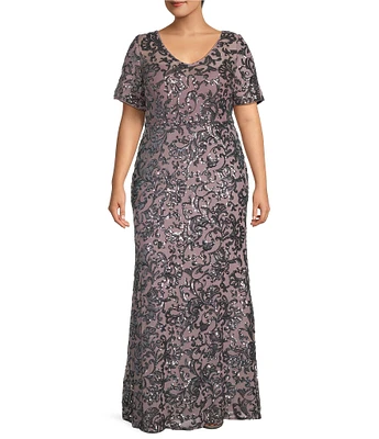 Alex Evenings Plus Size Short Sleeve V-Neck Sequin Gown