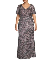 Alex Evenings Plus Size Short Sleeve V-Neck Sequin Gown