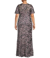 Alex Evenings Plus Size Short Sleeve V-Neck Sequin Gown