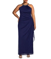 Alex Evenings Plus Size Sleeveless Beaded Halter Neck Cascade Ruffle Gown