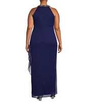 Alex Evenings Plus Size Sleeveless Beaded Halter Neck Cascade Ruffle Gown