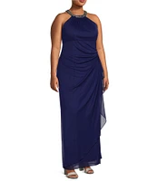 Alex Evenings Plus Size Sleeveless Beaded Halter Neck Cascade Ruffle Gown