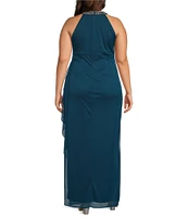 Alex Evenings Plus Size Sleeveless Beaded Halter Neck Cascade Ruffle Gown