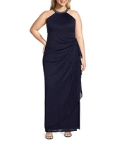 Alex Evenings Plus Size Sleeveless Beaded Halter Neck Cascade Ruffle Gown