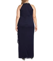 Alex Evenings Plus Size Sleeveless Beaded Halter Neck Cascade Ruffle Gown