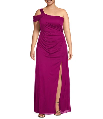 Alex Evenings Plus Size Sleeveless One Cold Shoulder Sleeveless Front Slit Mesh Ruched Back Detail A-Line Gown